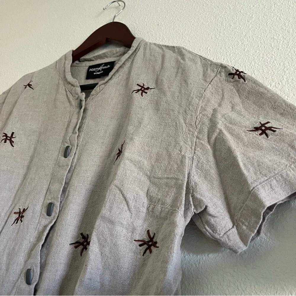 Vintage Positive Attitude Button Up Short Sleeved Linen Type Shirt Tan Floral - Picture 9 of 11